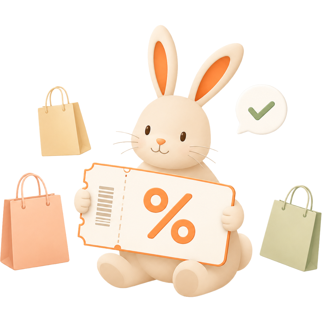 Illustration: Hase mit Gutschein und Einkaufstüten